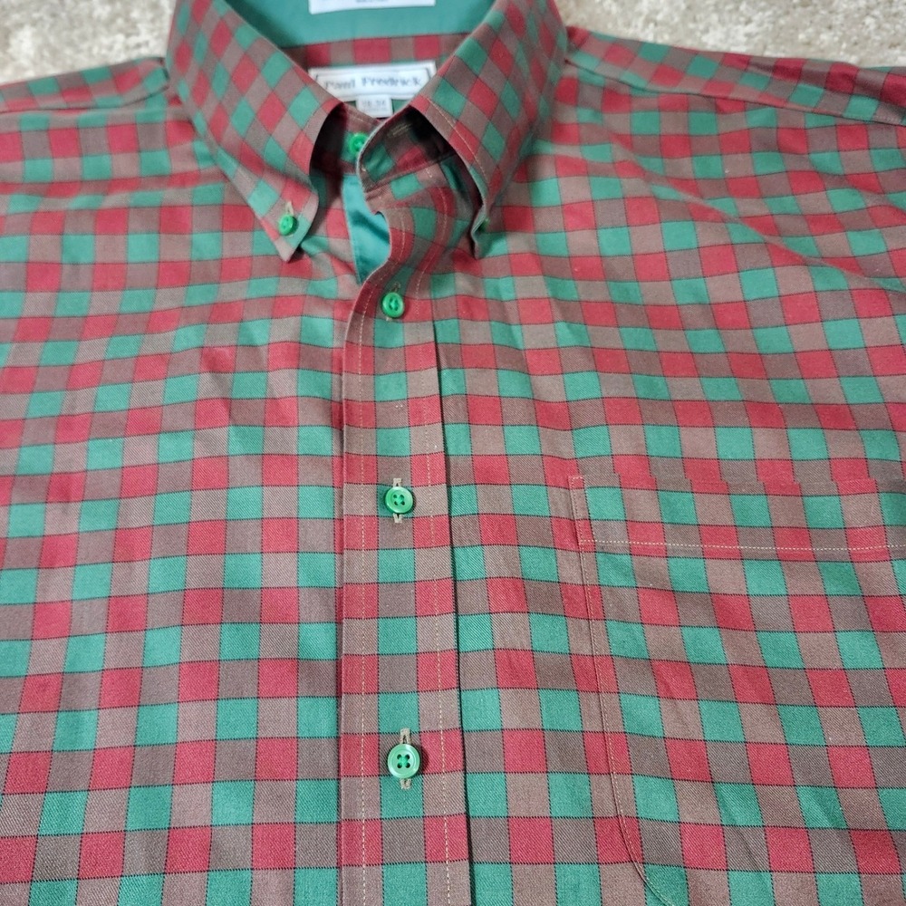 Paul Fredrick Button Down Shirt Red Green Check Non-Iron Cotton Dobby 18-34